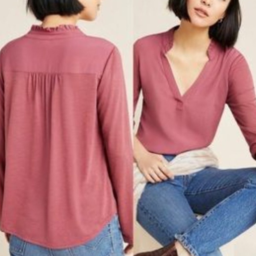 Porridge by Anthropologie pink 3/4 sleeve vneck blouse